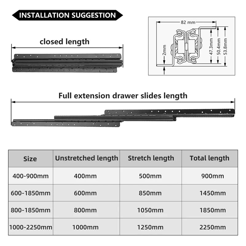1Pcs Bottom Mount Heavy Duty Drawer Slides 260 LB Load Capacity Full Extension Ball Bearing Cabinet Hidden Stair Rail 400-900mm