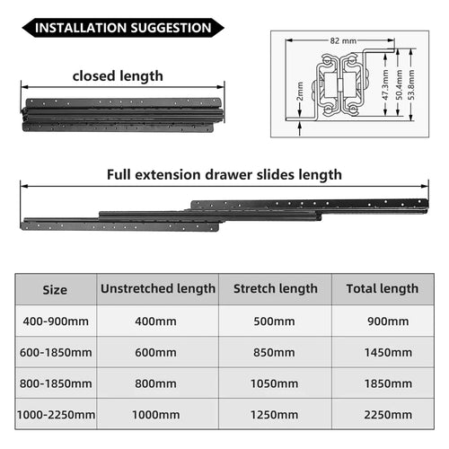 1Pcs Bottom Mount Heavy Duty Drawer Slides 260 LB Load Capacity Full Extension Ball Bearing Cabinet Hidden Stair Rail 400-900mm