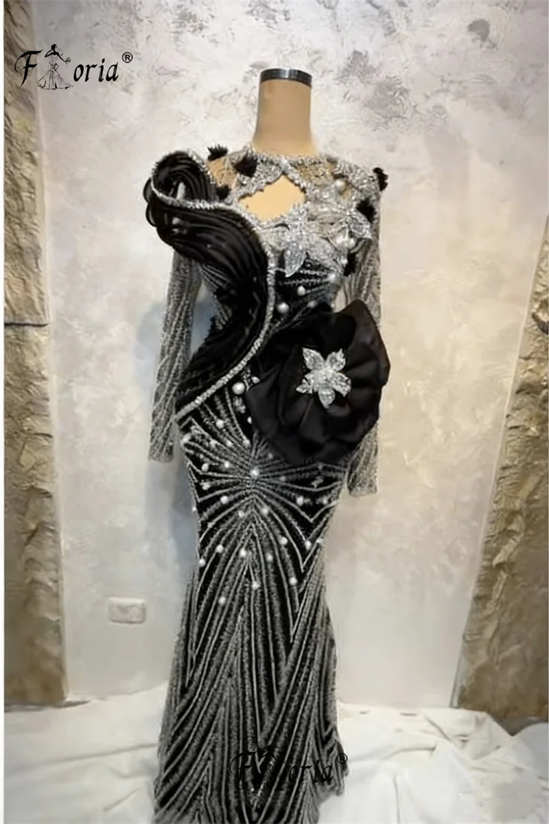 New Luxury Dubai Arabic Black Evening Dress Mermaid Pearls Beaded 3D Flower Lace Wedding Party Dresses robe de soiree Customized