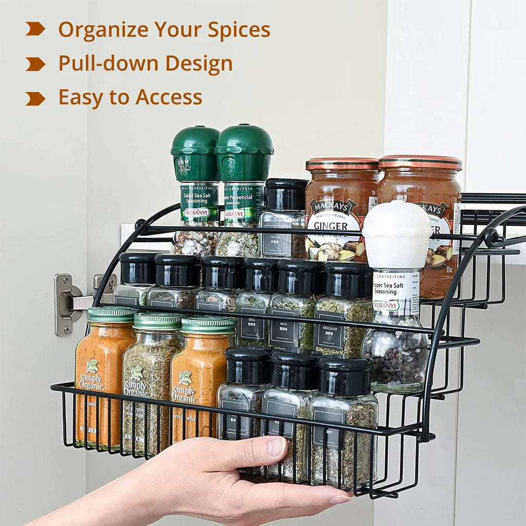 Pull-Out Spice Organizer, Metal Kitchen Cabinet Storage Rack, Space-Saving 3-Tier Shelf for Condiments & Jars