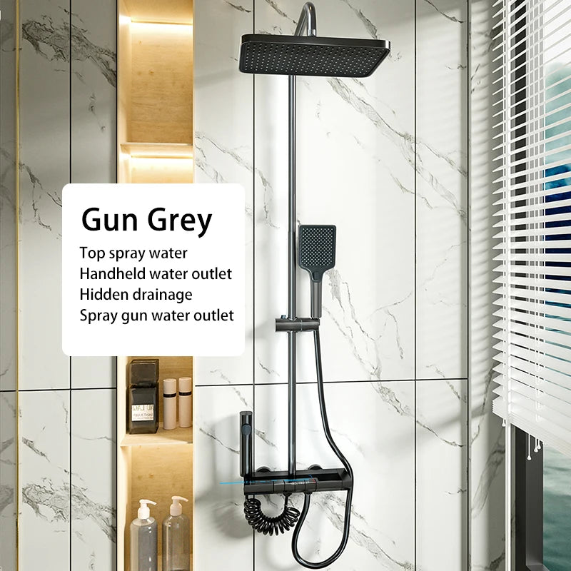 Bathroom Shower System Sets Piano Button Ambient Light Digital Display Pressurization Rain Faucets Shower Set