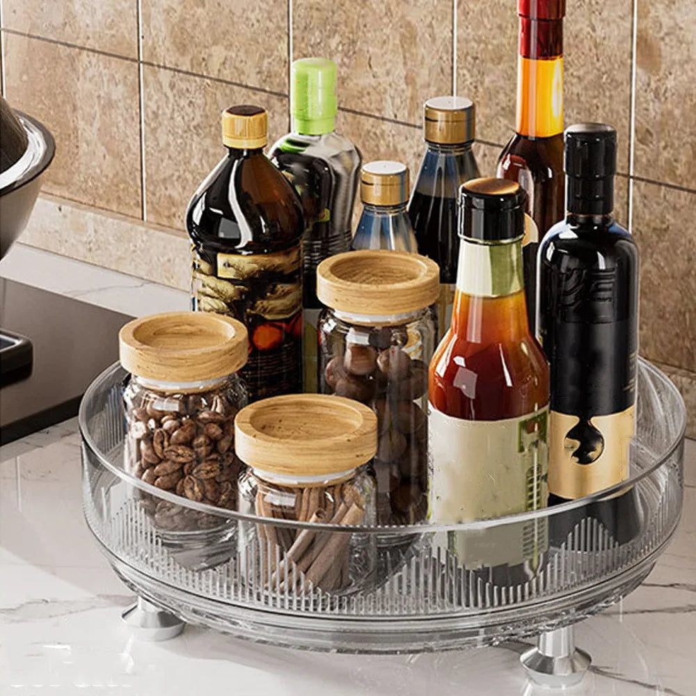 360°Rotating Rotating Spice Rack Clear Plastic Round Storage Tray Non-slip Base Space Saving Kitchen Storage Rack Countertop Use