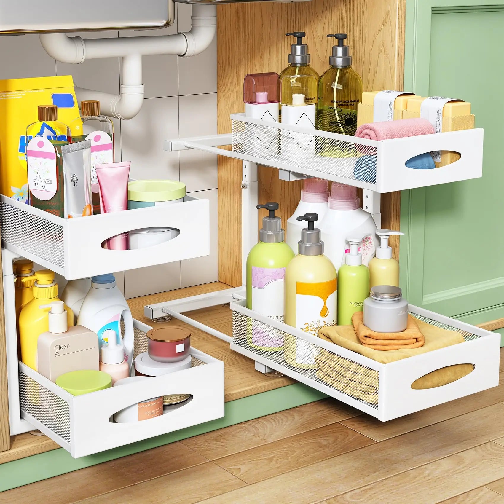 1 Pcs Under Sink Organizer, 2 Tier Pull out Cabinet Organizer Baskets with Mesh Sliding Drawers, Kitchen Slide out Storage Shelf