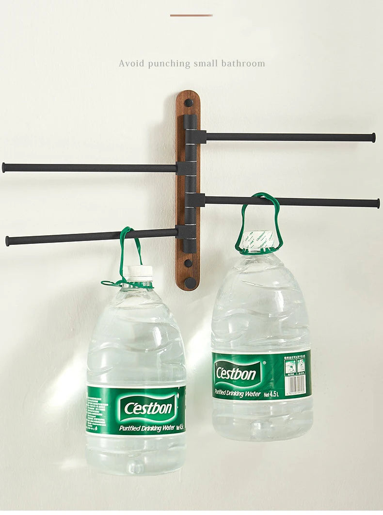 Bathroom Swivel Towel Rack, Wood & Matte Black Metal, 4-Arm Wall Mounted Towel Bar with Towel Ring, Space-Saving Towel Hanger