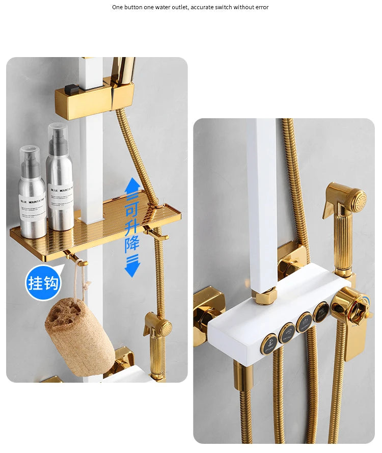 Thermostatic Bathroom Shower Set White Gold Bathroom Faucet Accessories 12 Inch Rain Shower Head Hot Cold Bathroom Shower System
