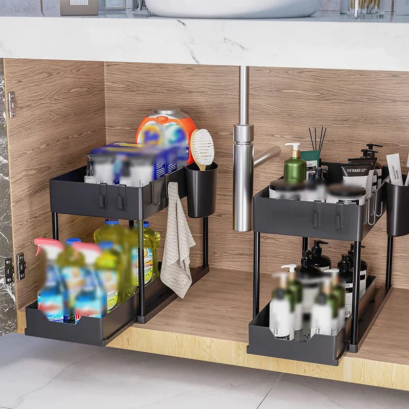 Under Sink Organizer and Storage, Kitchen Organization Rack with Double Sliding Cabinet Drawers, Multi-Purpose Storage Shelf Hol