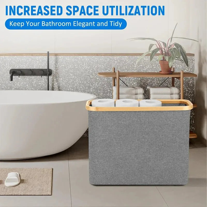 Bamboo Toilet Paper Holder with Storage Basket, Collapsible Storage Basket Bathroom Organizer Paper Towel Storage Bohemian Style