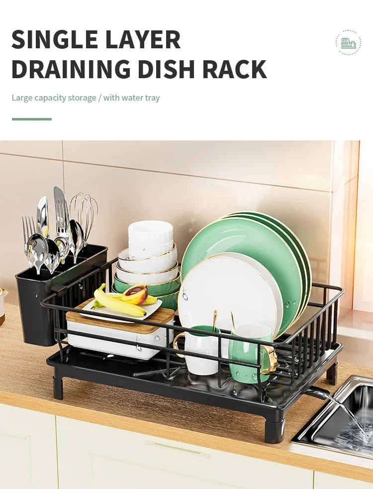 Metal Dish Draining Rack,Cutlery Rack With Drain Tray and Drip Line,Cup Holder,Cutlery Holder,Kitchen Countertop Storage Rack