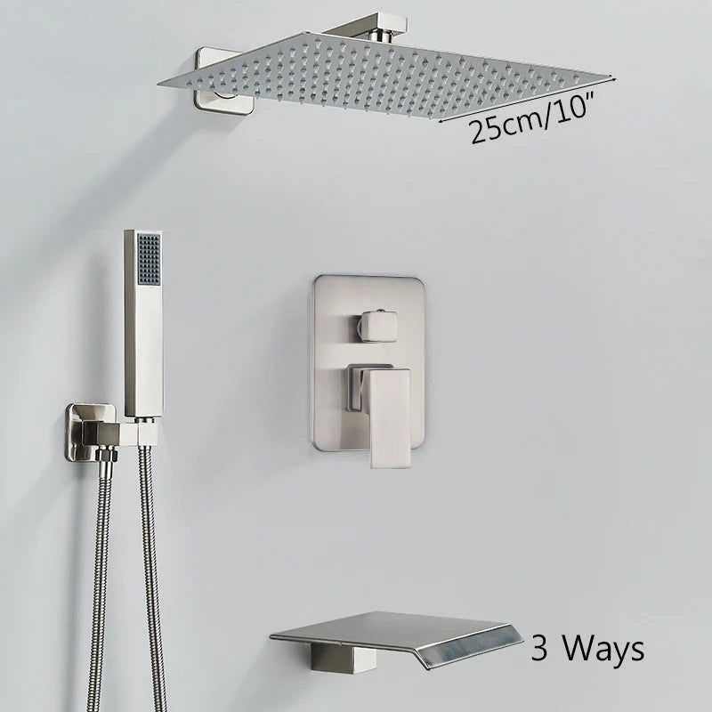 Brushed Nickel Brass Shower Faucet 2/3 Ways Shower Sets Rainfall Shower Head Mixers with Embed Box Bathroom Taps Hot Cold Water
