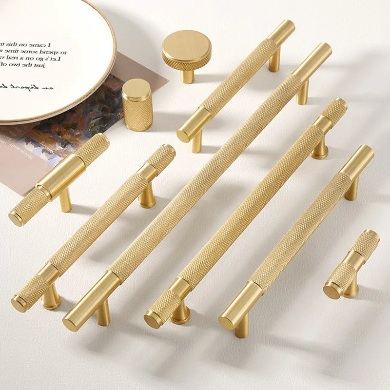 Modern Knurl Solid Brass Cabinet Knobs and Handles Golden Luxury Handles for Furniture Drawer Wardrobes Shoe Cabinets Pulls