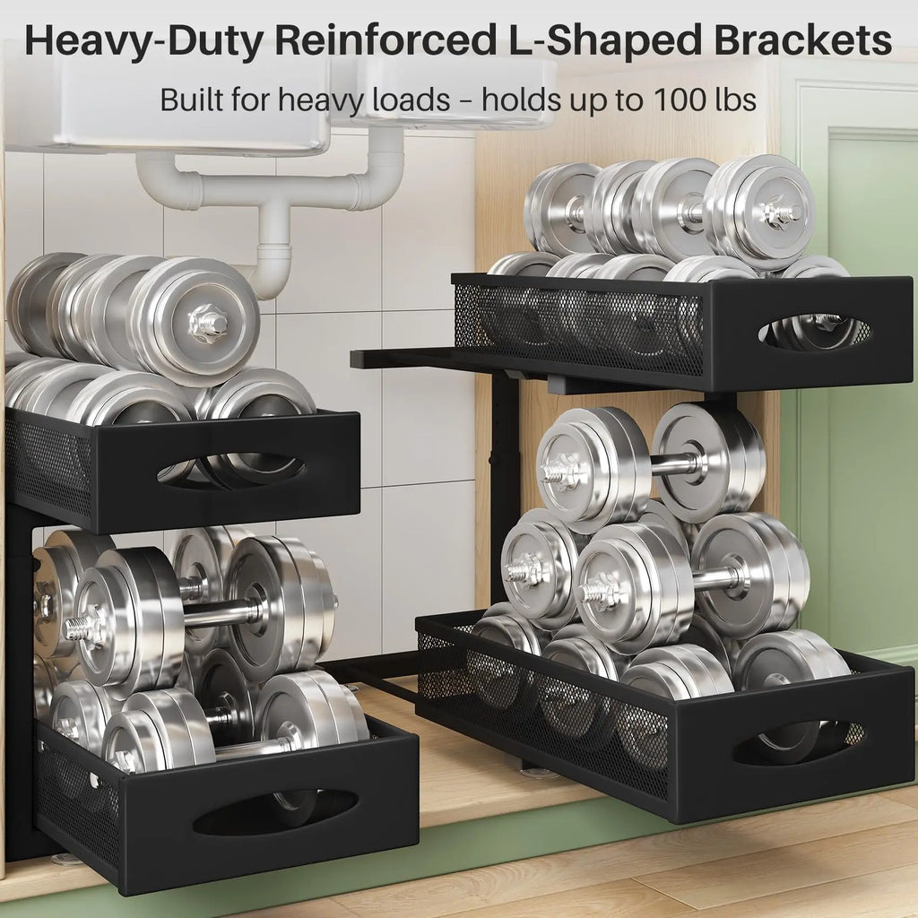 1 Pcs Under Sink Organizer, 2 Tier Pull out Cabinet Organizer Baskets with Mesh Sliding Drawers, Kitchen Slide out Storage Shelf