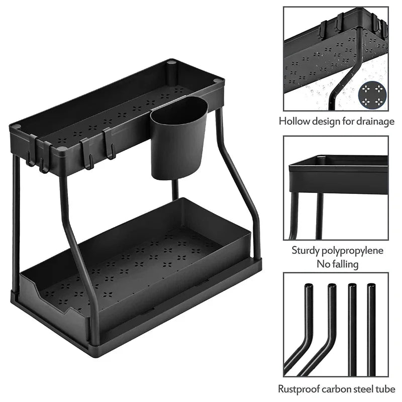 Under Sink Organizers 2 Tier Under Bathroom Cabinet Holder With Hooks & Hanging Cup, Multi-Purpose Storage Shelf For Kitchen