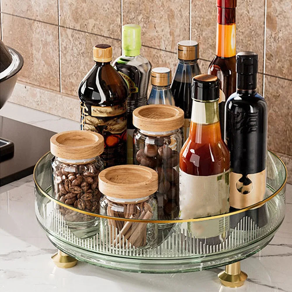 360°Rotating Rotating Spice Rack Clear Plastic Round Storage Tray Non-slip Base Space Saving Kitchen Storage Rack Countertop Use