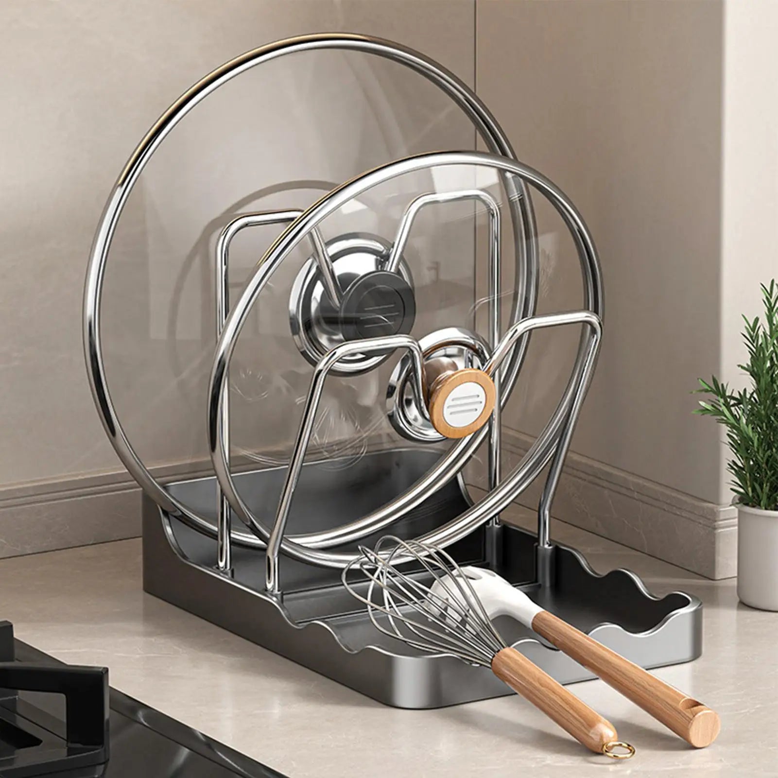 Pot Lid Organizer Vertical Spoon Display Stand with Drip Tray Stainless Pot Lid Storage Rack for Kitchen Baking Cooking Pantry