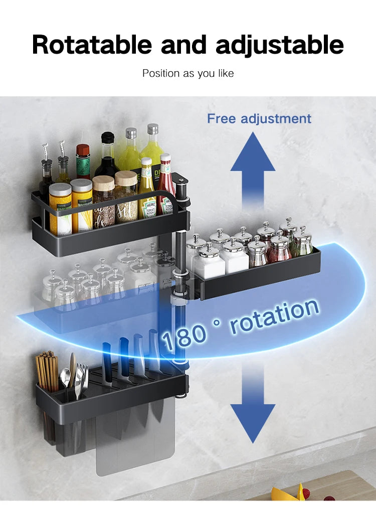 Over Sink Kitchen Rack Black Kitchen Storage Stand Wall-mounted Spice Rack Punch-free 360 Rotation Kitchen Spice Organizer Shelf