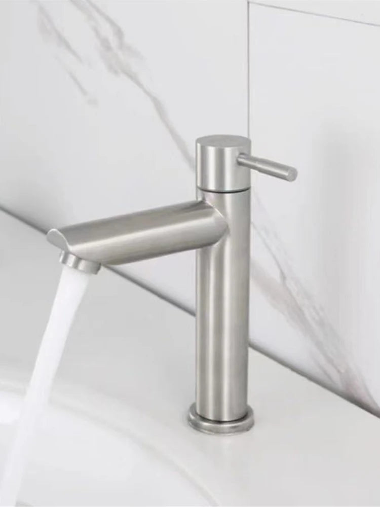 Stainless Steel Single Cold Water Tap Black Basin Fauct Silver Deck Mounted Lengthening and Raising Basin Sink Tap