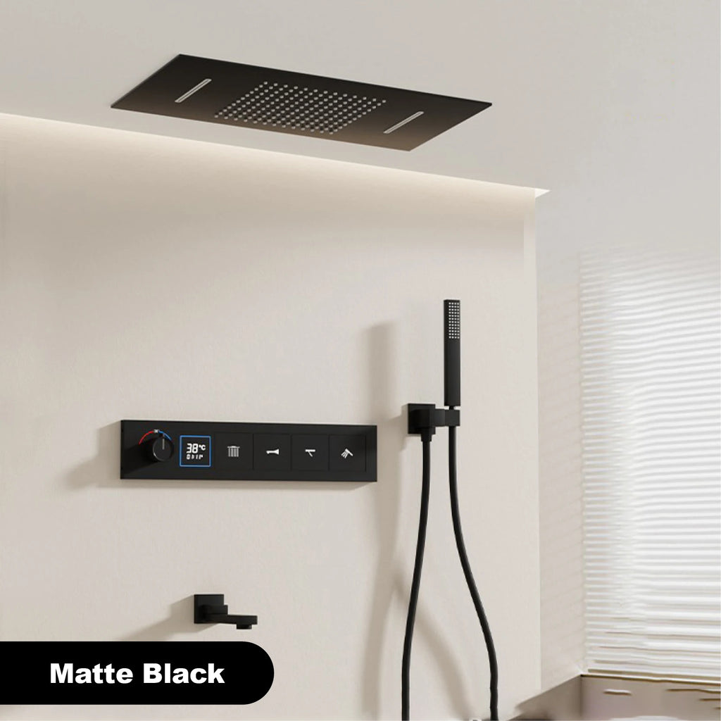 Bathroom black brass thermostatic shower set with LED digital display ceiling design,wall mounted with 4 functions Shower system