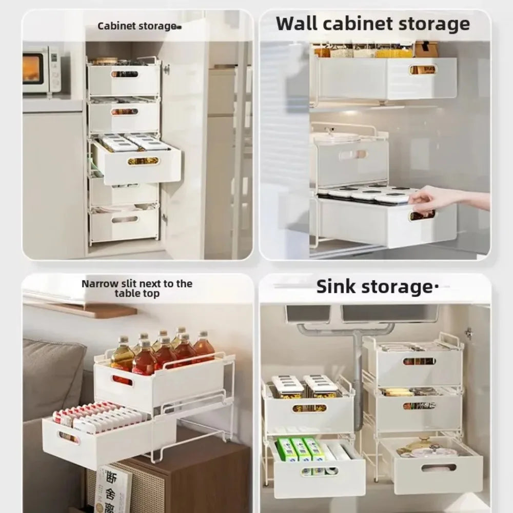 Kitchen Storage Rack with Slide Rails Pull-out Kitchen Drawer Type Storage Tray Spice Box Storage Rack Cabinets Organizer