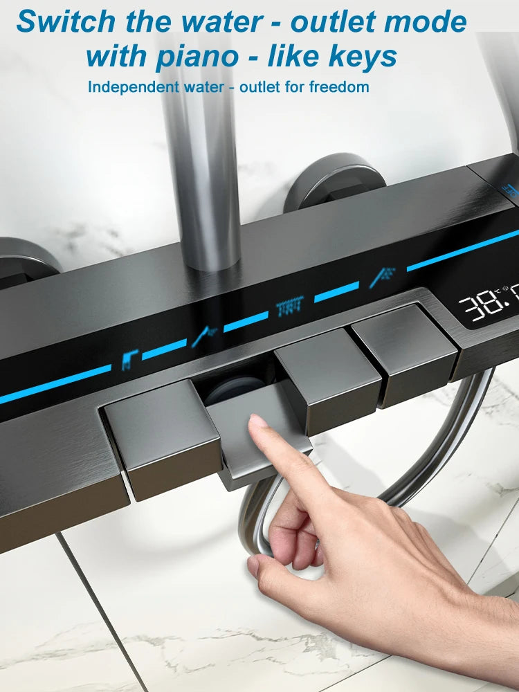 Bathroom Shower System Sets Piano Button Ambient Light Digital Display Pressurization Rain Faucets Shower Set