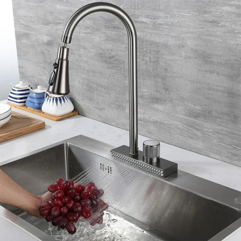Waterfall Sink Pull Type Kitchen Faucet Hot Cold Mixer Vegetable Wash Tap Basin Multiple Water Outlets Rotation Flying Rain Tap