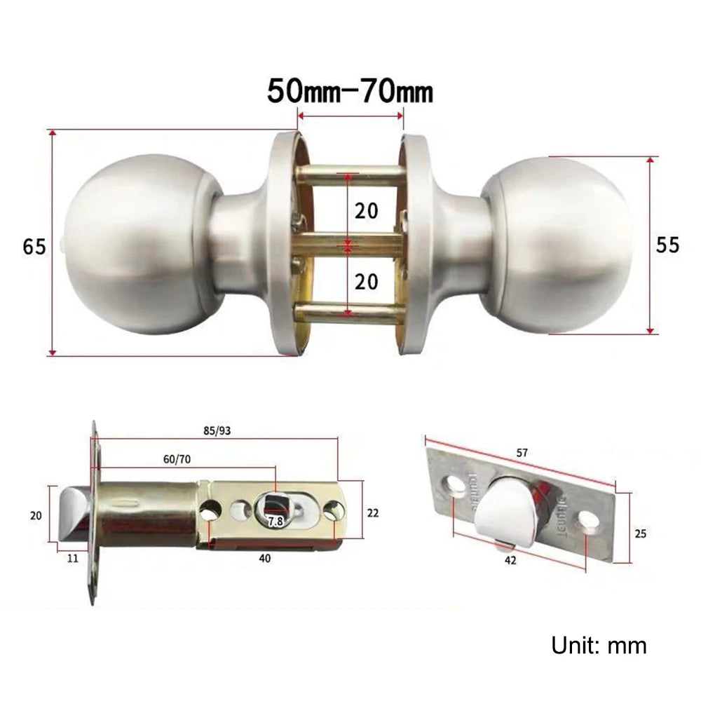 Interior Round Ball Door Knobs, Key Handles, Stainless Steel Locksets for Bathroom, Bedroom