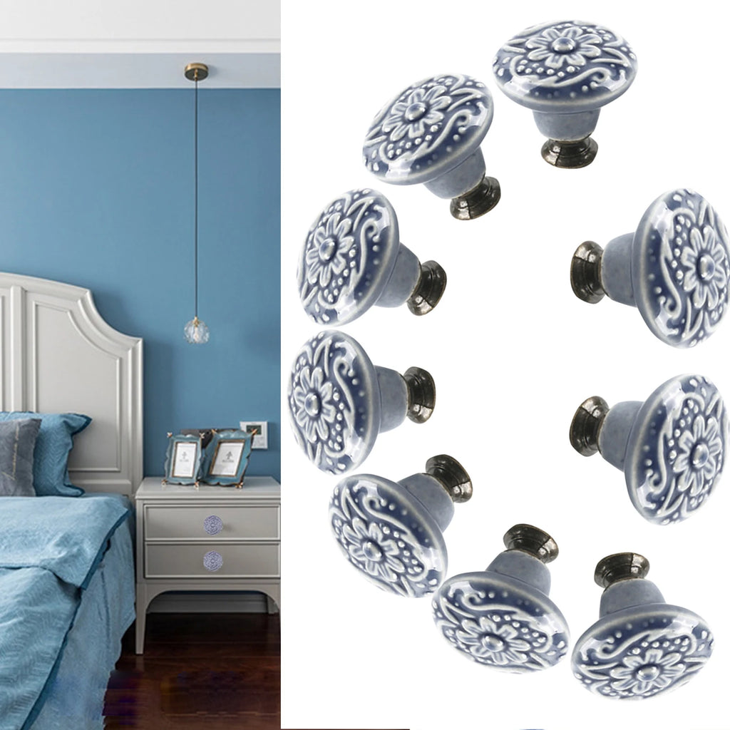 9 Pcs Light Blue Vintage Round Ceramic Cabinet Knobs and Pulls for Drawer, Cupboard, Closet Door