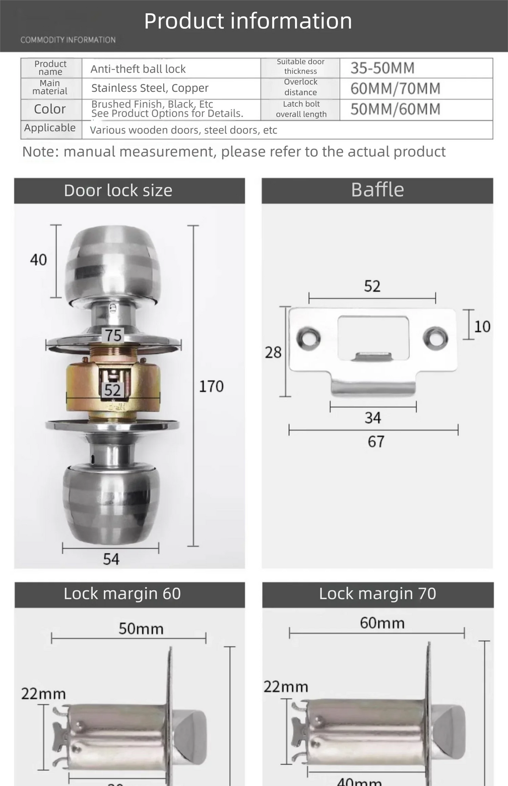 Interior Round Ball Door Knobs, Key Handles, Stainless Steel Locksets for Bathroom, Bedroom