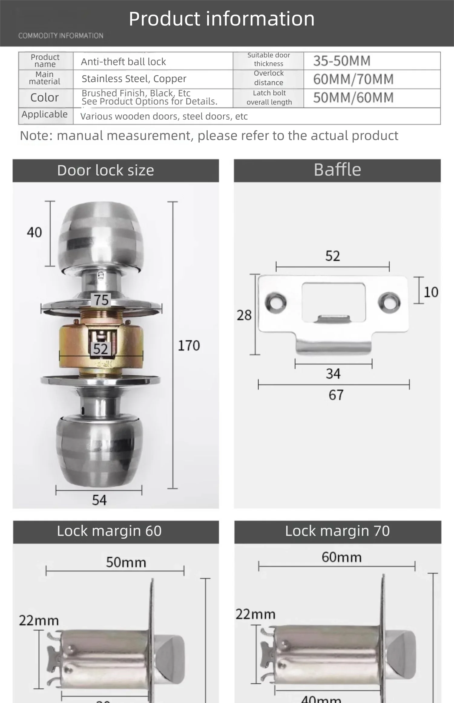 Interior Round Ball Door Knobs, Key Handles, Stainless Steel Locksets for Bathroom, Bedroom