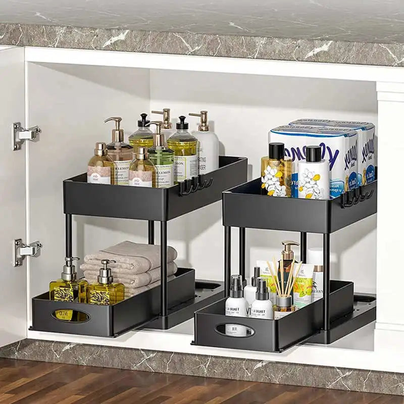 1/2 Pcs Under Sink Storage Organizer 2 Tier Drawer Multipurpose Rack Cabinet Under Sink Storage Rack Bathroom Kitchen Organizer
