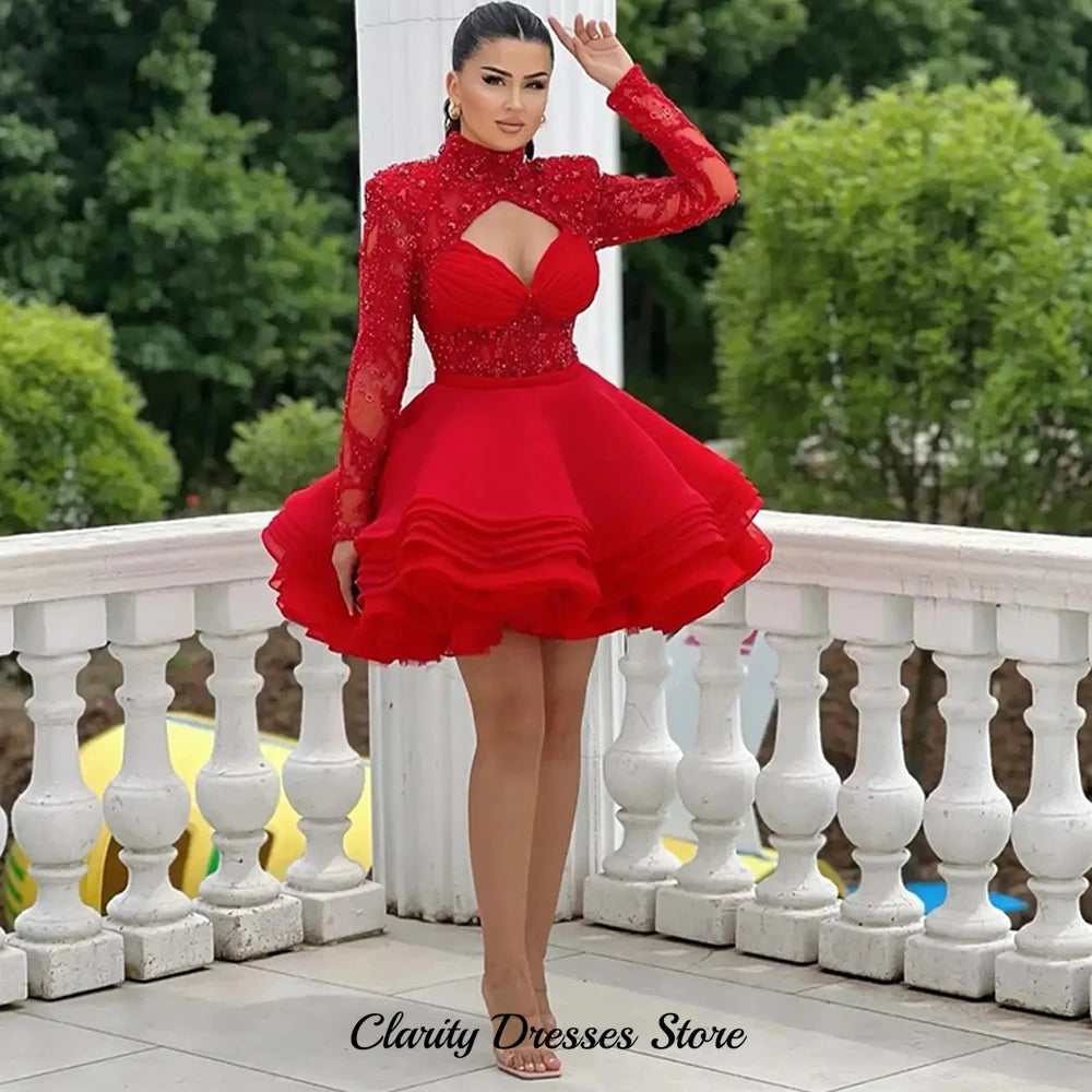 Delicate Red Organza Evening Dress Exquisite High Collar Long Sleeves Customized Cocktail Dresses Bespoke Occasion Gowns