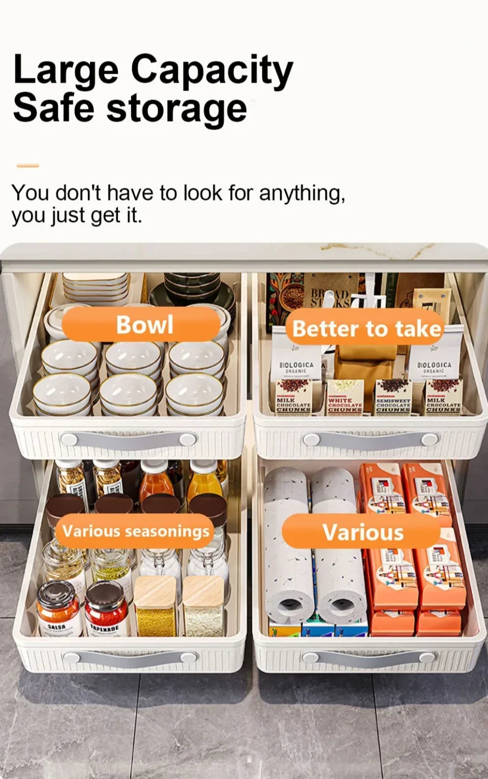 Kitchen Drawer Storage Rack with Slide Rails Pull-out Cabinet Organizer Free Installation Non Punched Easy To Clean Storage Box