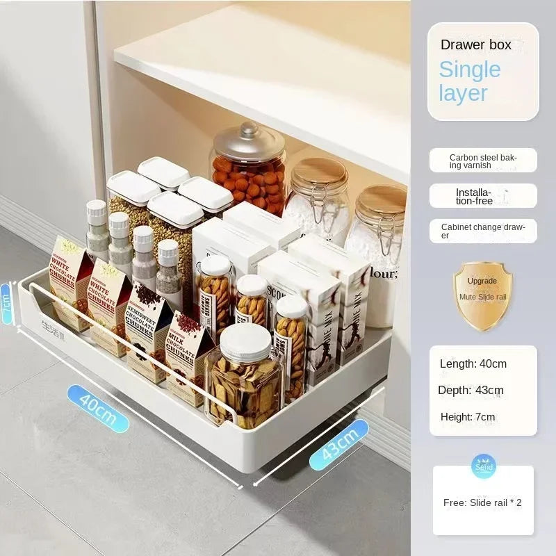 New Kitchen Storage Rack with Slide Rails Kitchen Drawer Type Organizer Shelf Tray Dish Drainer Storage Rack Cabinets Organize