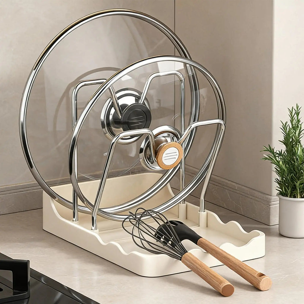 Pot Lid Organizer Vertical Spoon Display Stand with Drip Tray Stainless Pot Lid Storage Rack for Kitchen Baking Cooking Pantry