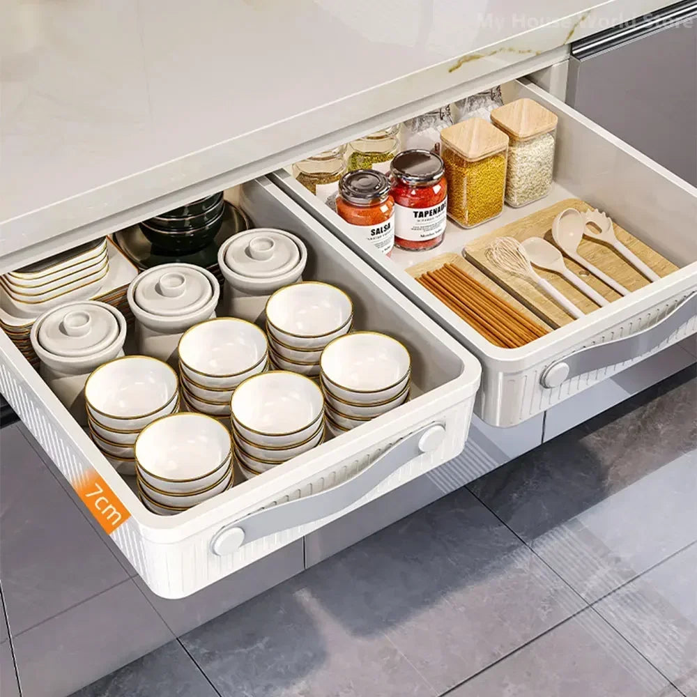 Kitchen Drawer Storage Rack with Slide Rails Pull-out Cabinet Organizer Free Installation Non Punched Easy To Clean Storage Box