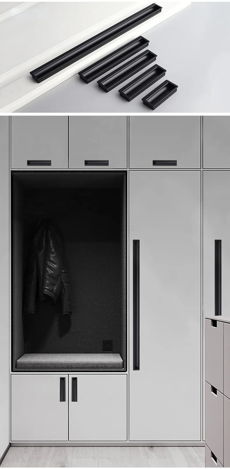 Embedded Hidden Furniture Handles Modern Aluminum Alloy Wardrobe Door Pulls Matte Black Kitchen Cabinets Knob Decoration Handles