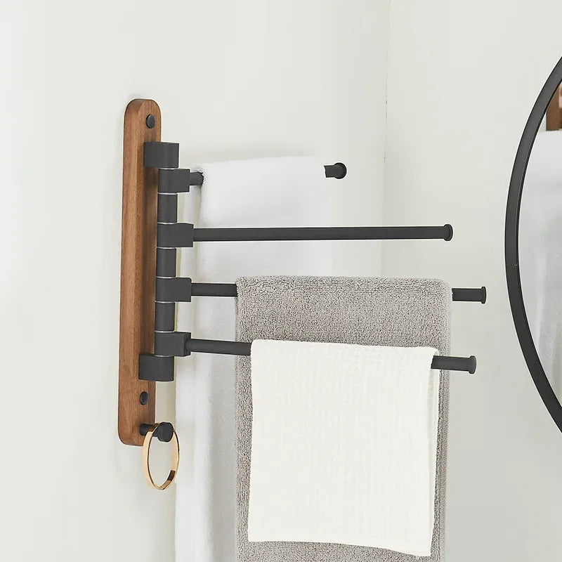 Bathroom Swivel Towel Rack, Wood & Matte Black Metal, 4-Arm Wall Mounted Towel Bar with Towel Ring, Space-Saving Towel Hanger