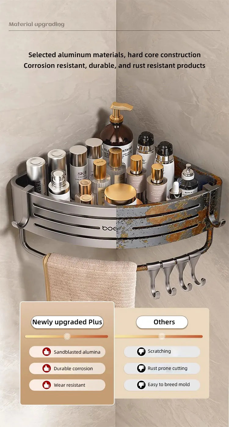 Wall Mounted Bathroom Shelves Shower Corner Shelf with Towel Bar Hook Space Aluminum Shampoo Holder Kitchen Organizer Rack