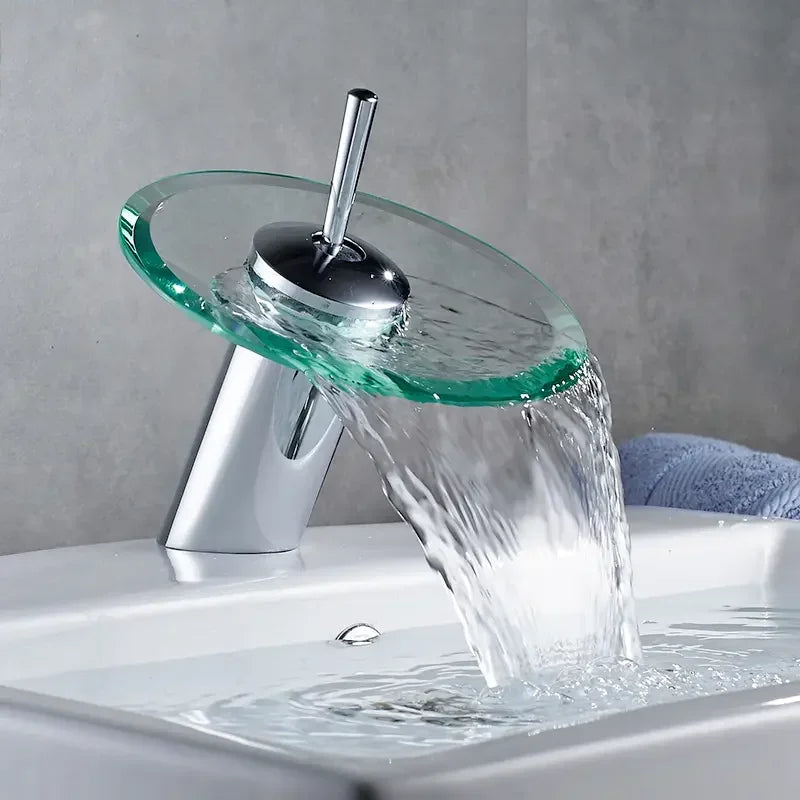 Bathroom Faucets Household Wash Basin Sink Taps Colorful Glass Waterfall Faucet Chrome Single Lever Mixer Tap Deck Mounted
