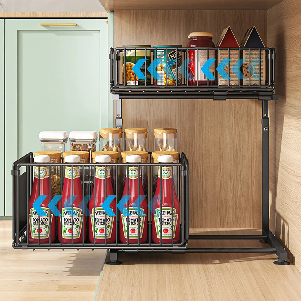 2 Tier Under Sink Organizer Adjustable Pull Out Cabinet Organizer Slide Out Kitchen Storage Racks Thickened Metal Sliding Drawer