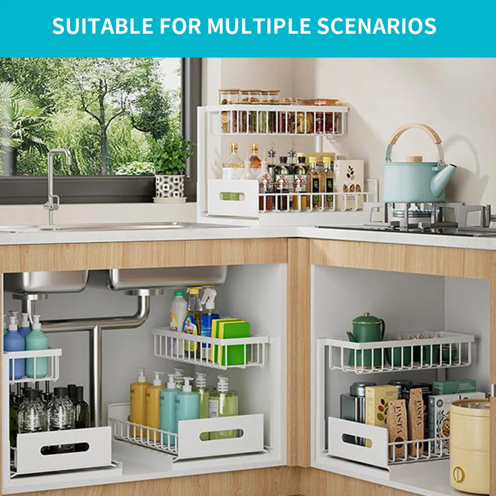 Under Sink 2 Tier Sliding Cabinet Basket Organizer Drawer Pull Out Cabinet Multi-Purpose Sink Organizer for Bathroom Kitchen