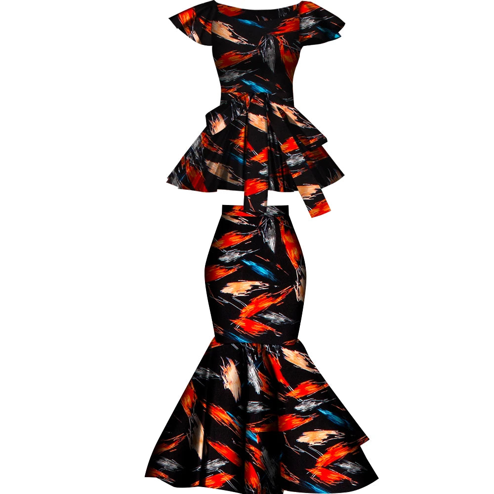 African Two Pcs Set Flared Skirt and Top Dashiki Wax Print Cotton Plus Size Party Clothing WY10076