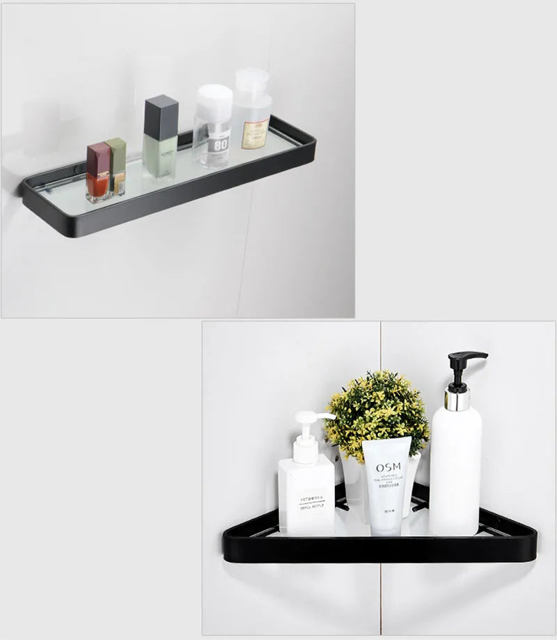 Black Bathroom Corner Rack 25-45cm Wall-mounted Bathroom Shower Rack Aluminum Toilet Storage Rack Glass Bathroom Shelf