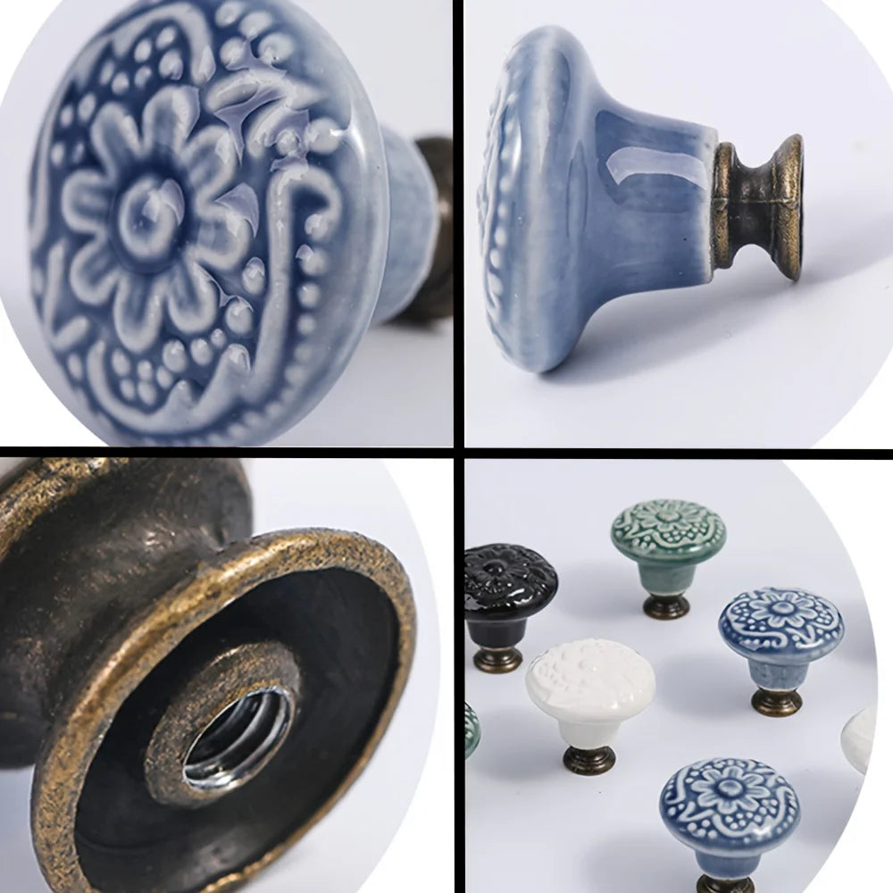 9 Pcs Light Blue Vintage Round Ceramic Cabinet Knobs and Pulls for Drawer, Cupboard, Closet Door