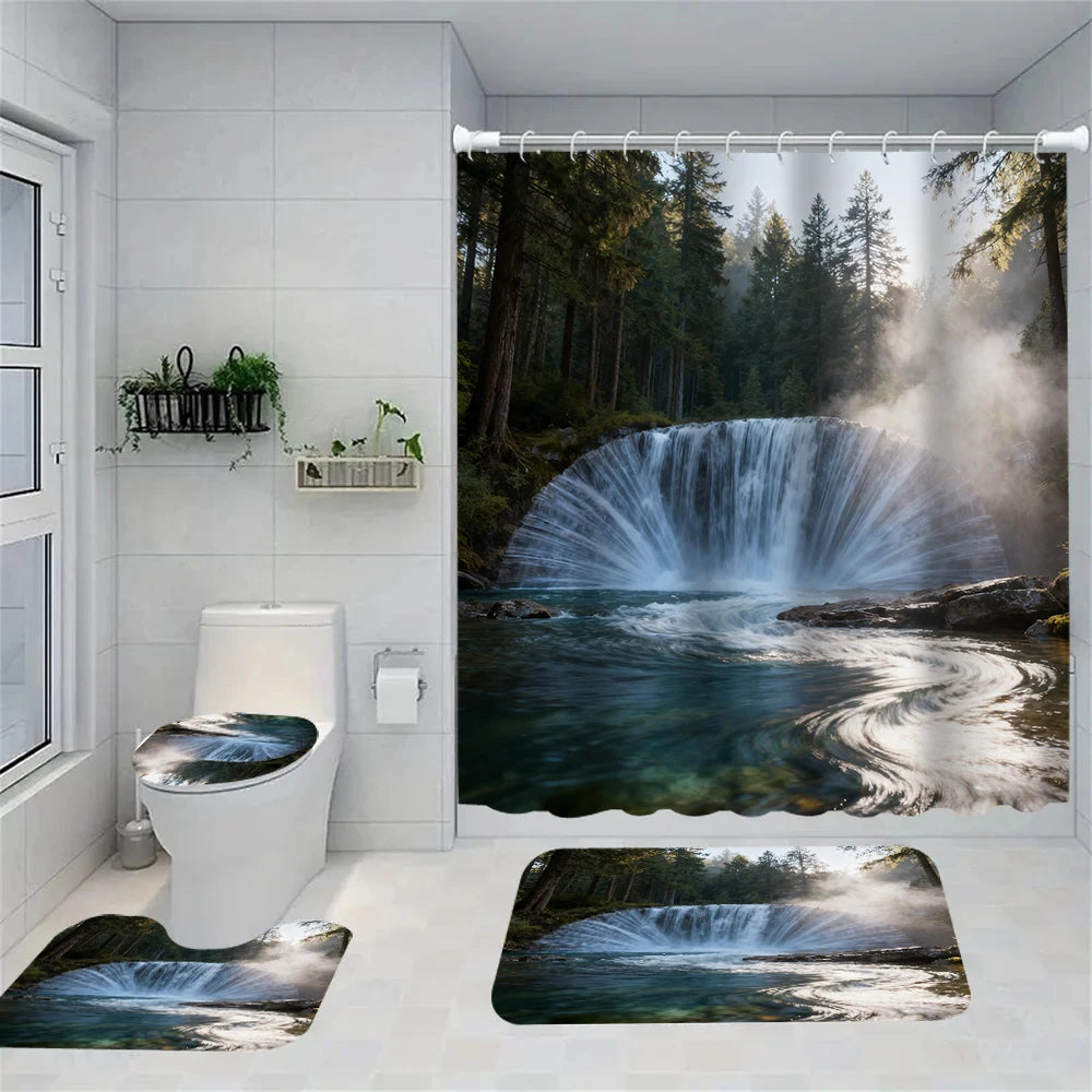 1/4 Forest Waterfalls  print shower Curtains, Toilet Seat Decoration, Shower Curtain with Carpet and Toilet Lid, 70.8x70.8 inch