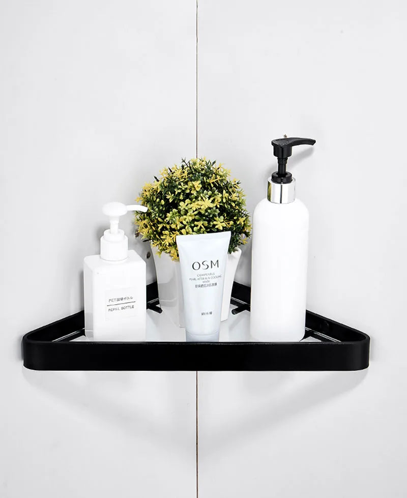 Black Bathroom Corner Rack 25-45cm Wall-mounted Bathroom Shower Rack Aluminum Toilet Storage Rack Glass Bathroom Shelf