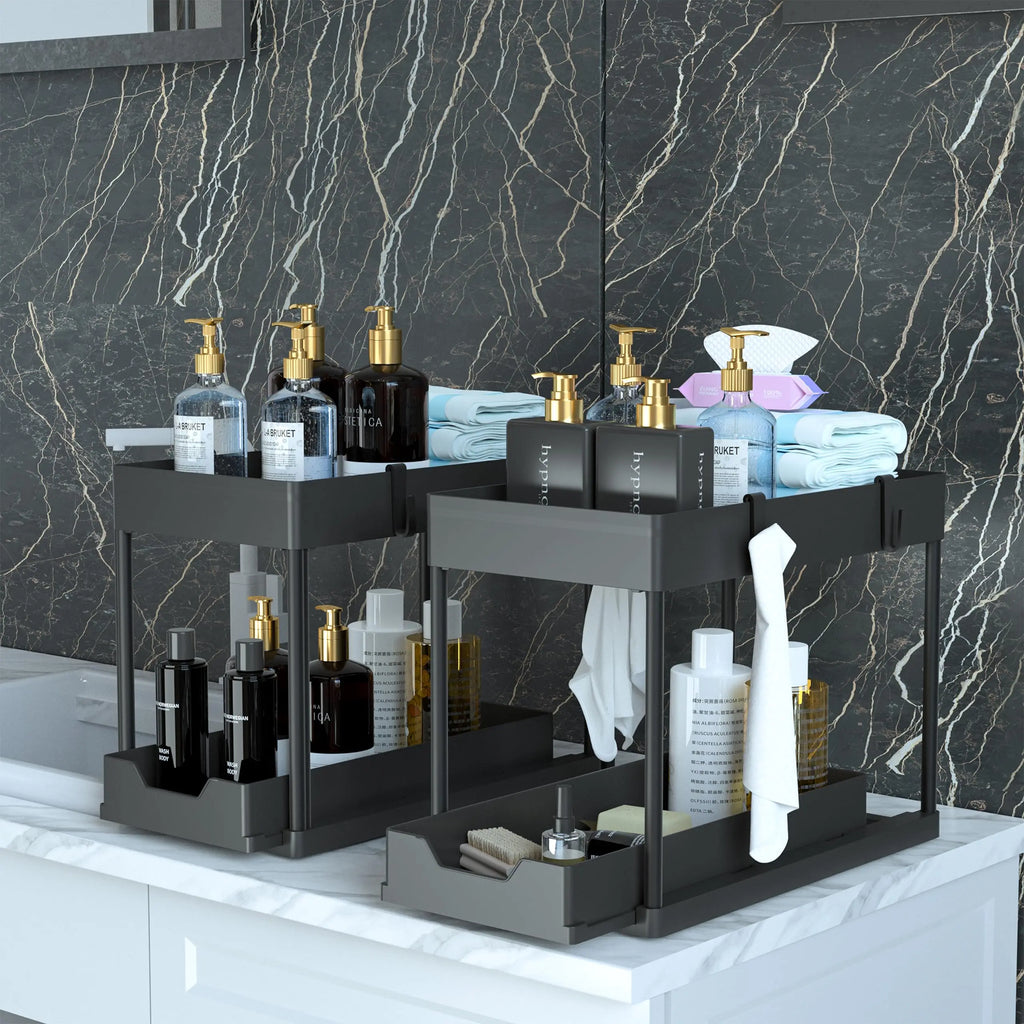 2 Tier Under Sliding Cabinet Basket Organizer Drawer with 4 Hooks, Multi-Purpose Under Sink Storage for Bathroom Kitchen Desktop