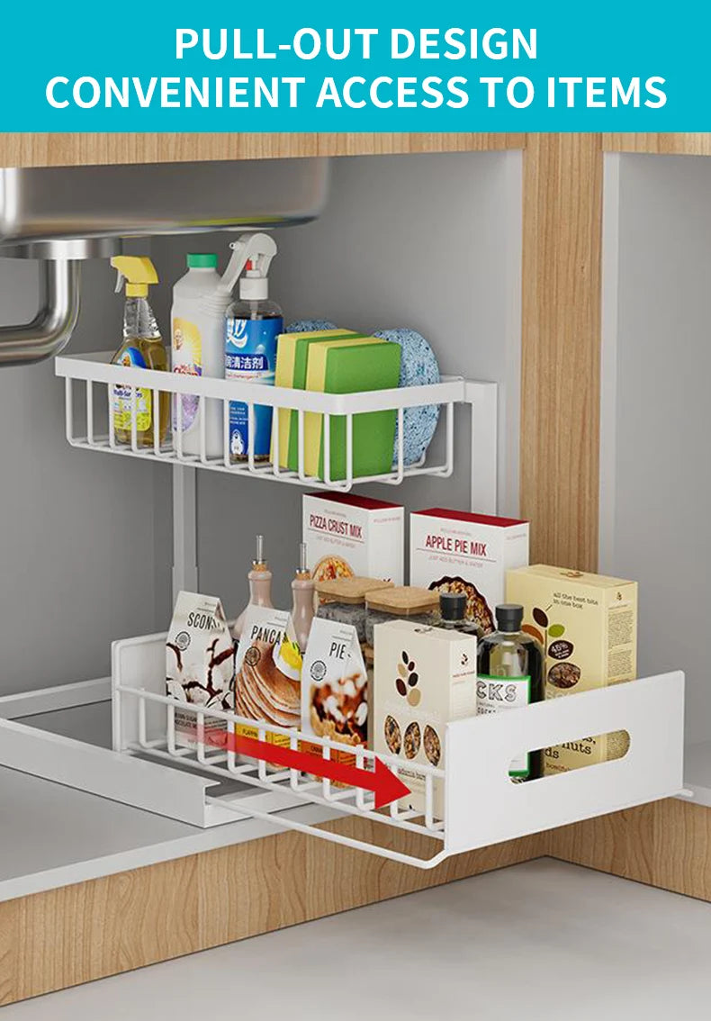 Under Sink 2 Tier Sliding Cabinet Basket Organizer Drawer Pull Out Cabinet Multi-Purpose Sink Organizer for Bathroom Kitchen