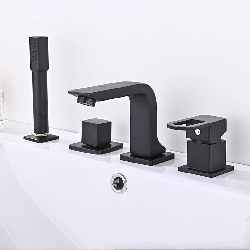 Bathroom Basin Faucet Widespread Bathtub Faucet Sink Mixer Tap 4-Holes Tub Filler with Pull Out Shower Sprayer Deck/Wall Mount