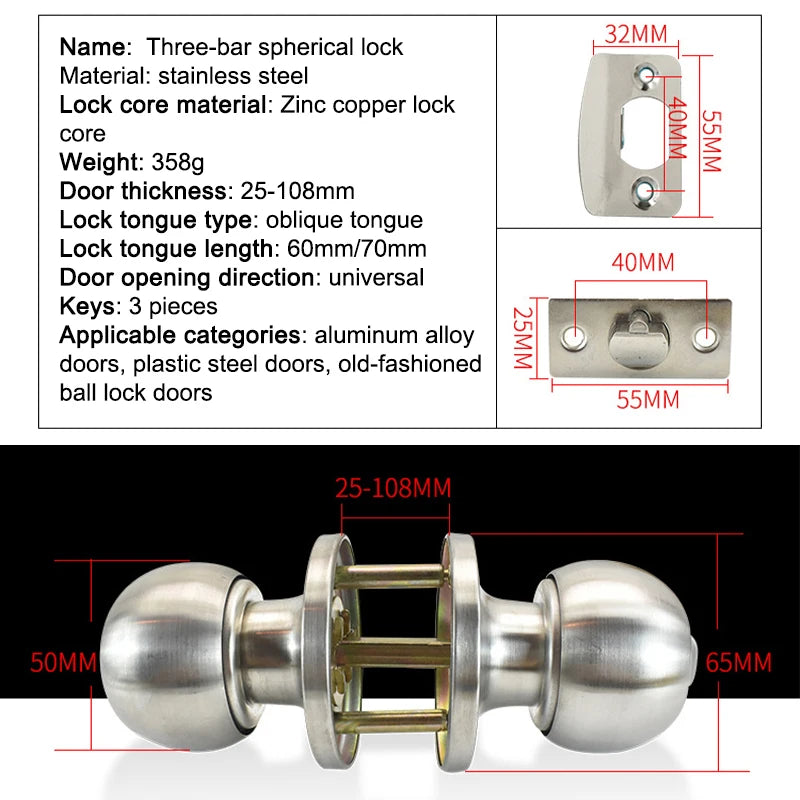 Interior Round Ball Door Knobs, Key Handles, Stainless Steel Locksets for Bathroom, Bedroom
