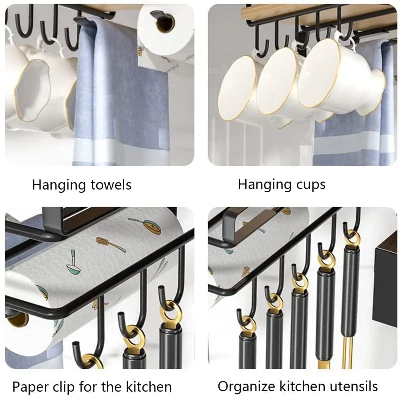 Kitchen Under Cupboard Hanging Organizer Rack with Hook Paper Towel Rags Hanger Cutting Board Pot Cover Holder Storage Shelf